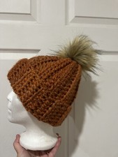 New Handmade Knit   Beanie Hat with Faux Fur PomPom Toboggan
