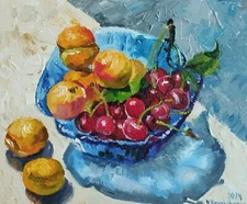 Impasto Oil Painting Original Fruit Apricot and cherry Still Life 9x11 inch
