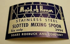 Vintage Maid of Honor Slotted Mixing Spoon Label Sears Roebuck New