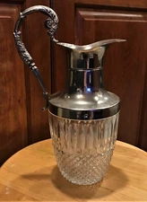 Heavy Clear Glass Pitcher 12" Diamond & Rib Pattern Ornate Silver Plate Handle 