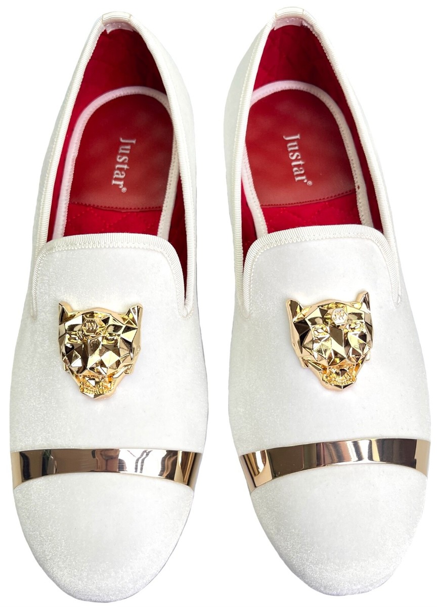 Men's White Velvet Loafers Formal Dress Shoes Gold Buckles Slip-on Slippers  Flat