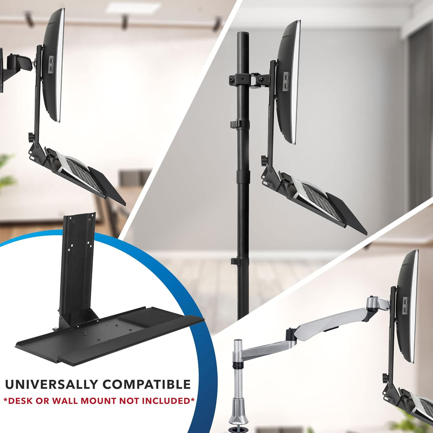 Monitor and Keyboard Wall Mount, Height Adjustable Standing VESA Keyboard Tray, 