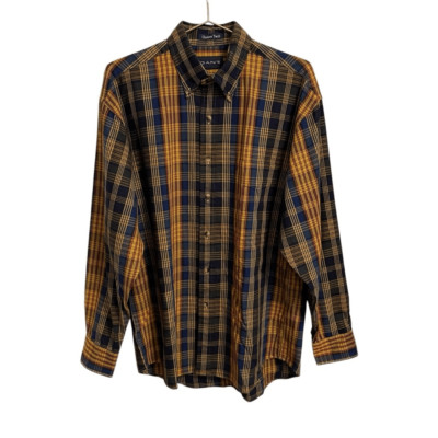 Vintage Gant Chelsea Twill Cotton Plaid Button Down Shirt Blue Yellow MED