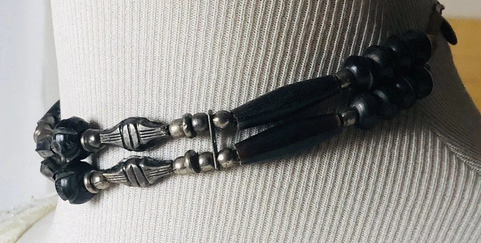 "Collar gargantilla The Limited Statement 12-14,5"" madera negra cadena de cuero de 2 hilos" Foto 4 de 4