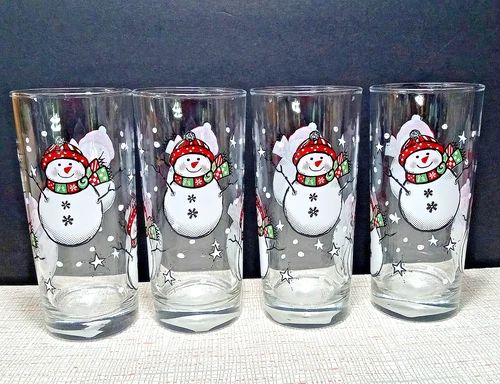 Lot of 4 VTG Libbey Snowman Christmas Glasses Tumbler  Winter Holiday Excellent