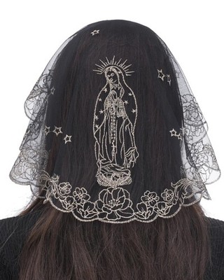 Black Gold Mantilla Small D-Shaped Camellia and Our Lady of Guadalupe Veil, C...