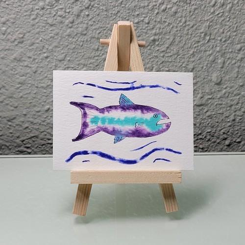 ACEO Original Watercolor, Ink Painting Swimming Purple Blue Fish KatieBearDesign