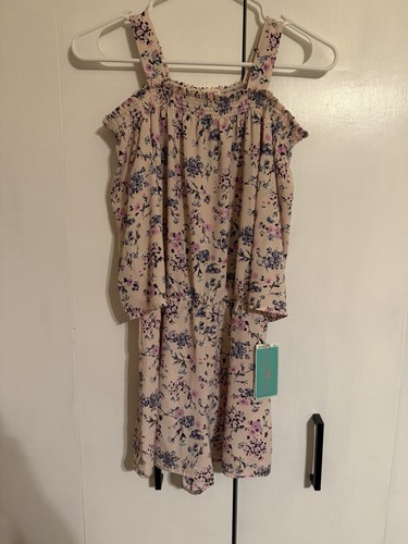 NWT Size Large Girls Copper Key Pink With Purple Flowers Romper - Picture 1 of 5