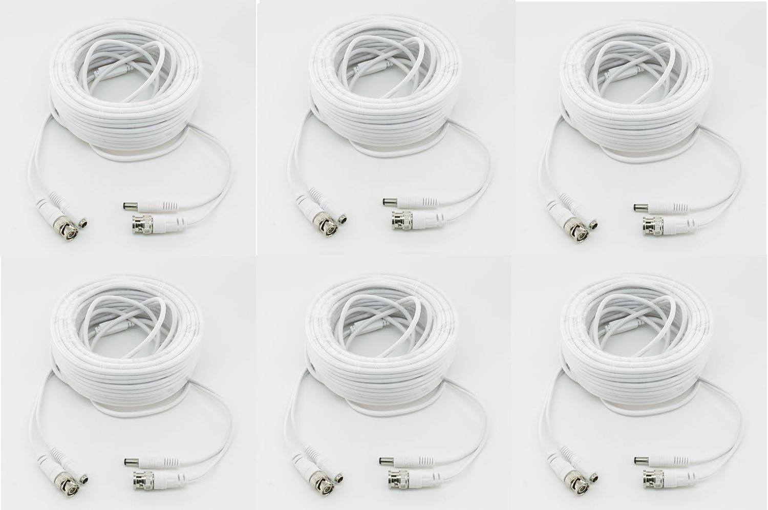 60ft / 100ft BNC Cable for Security Cameras, White, 6 Pack