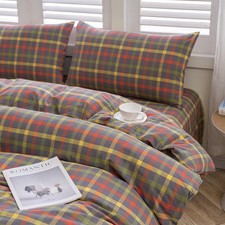 Modern Style Grid Plaid Duvet Cover Queen Soft Washed Cotton Multicolor Check...