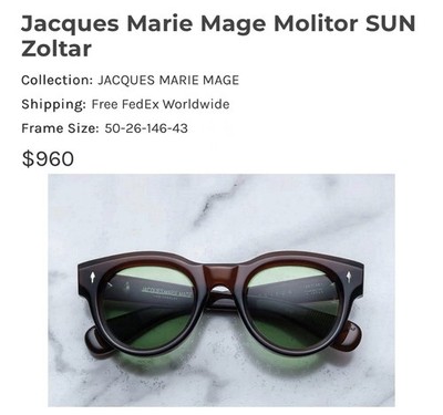 NEW JACQUES MARIE MAGE MOLITOR SUN EYEWEAR, SIZE (50-26-146-43) MSRP $960.00.