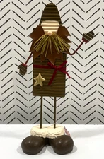 Vtg whimsy, a rustic and abstract Santa, 15", metal, leather, resin tabletop EVC