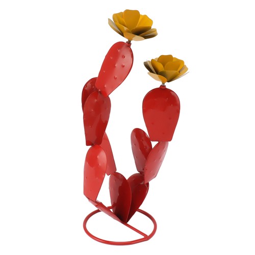 (Red)Metal Prickly Pear Cactus With Flowers Iron Rustic Cactus Statue New - Picture 10 of 12