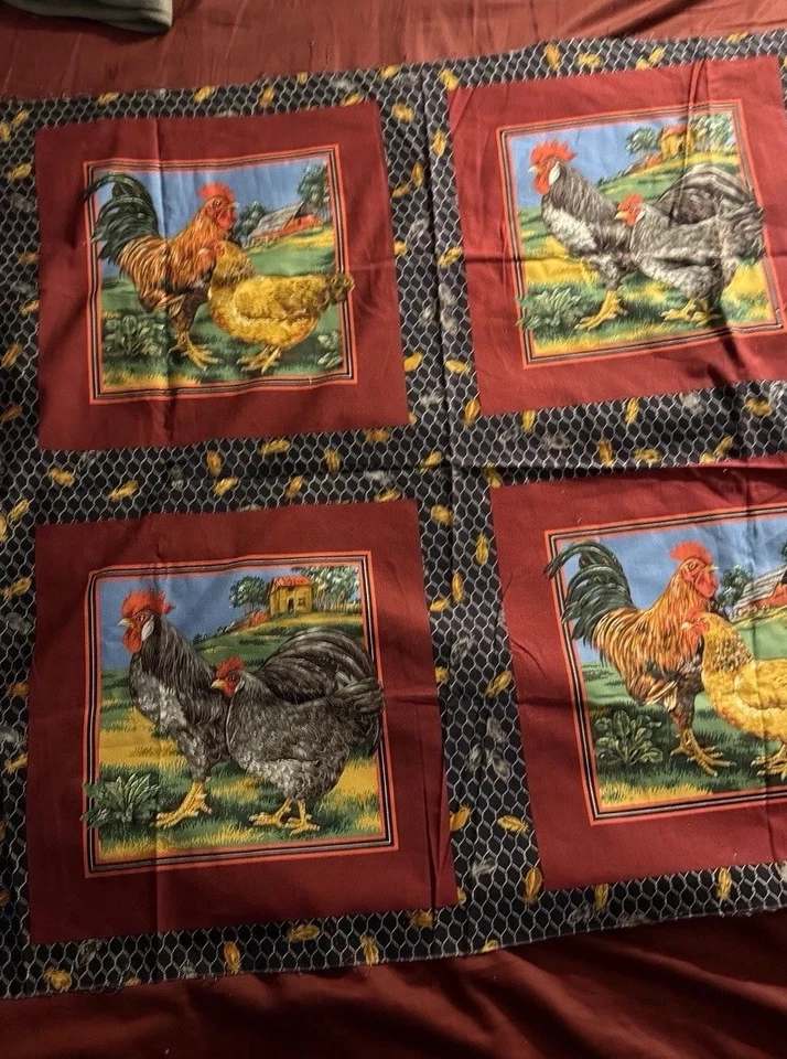 Rare VIP Cranston Joan Messmore Rooster Hen Chicken 4 Block Pillow Panel Fabric - Image 2 of 4