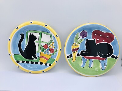 Hausenware Mary Jane Mitchell Black Cat Plates two 8'' Ceramic 1999 Folk Art