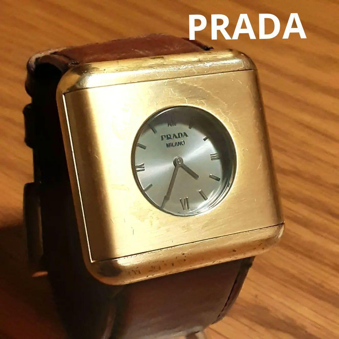 Reloj Prada Raro Cuadrado Para Hombre Plata Oro Cuarzo Genuino Correa Marrón