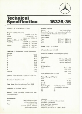 Mercedes Benz 1632S/35 Technical Specification Brochure 1975 Lorry Truck 7378F