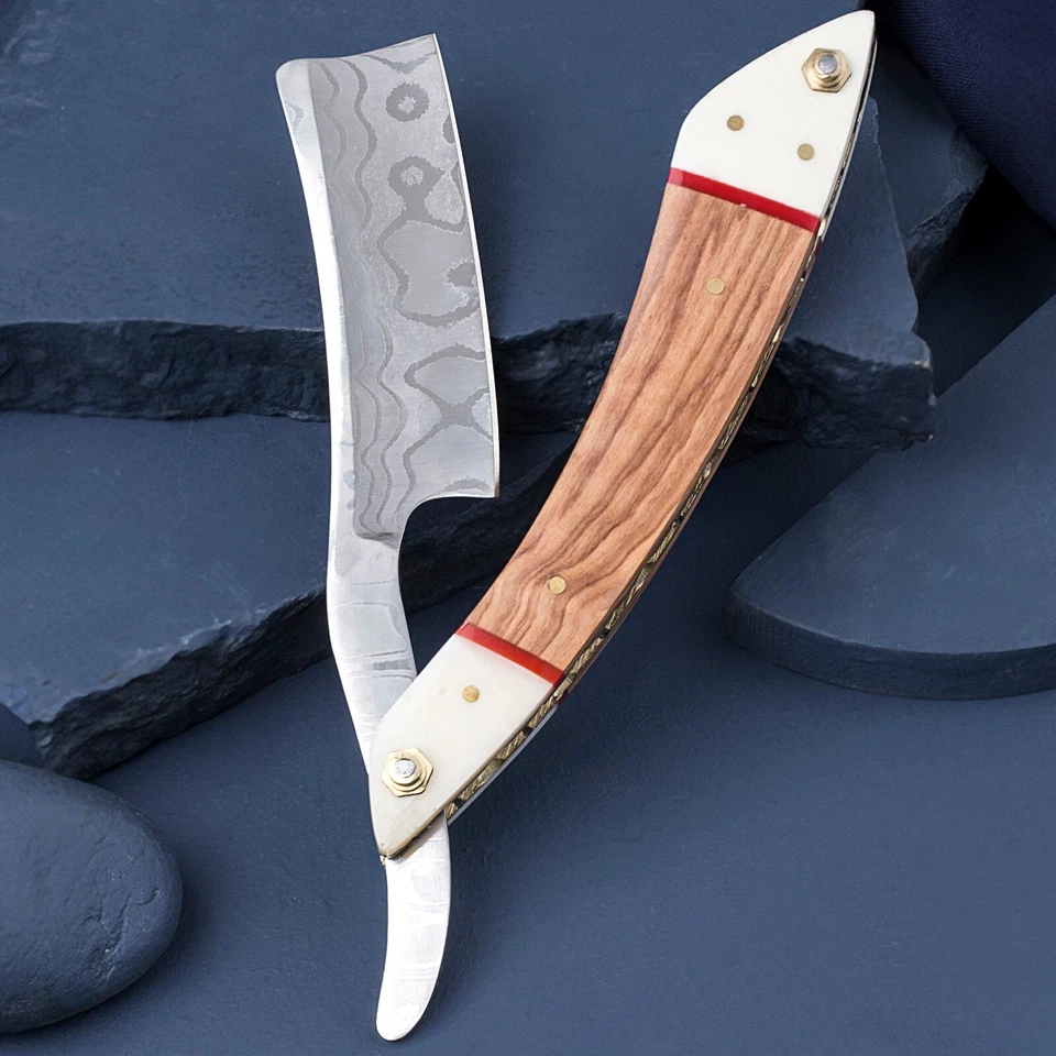 Maquinilla de afeitar recta Damasco de acero inoxidable para hombre barbero afeitado mango de madera Foto 3 de 4