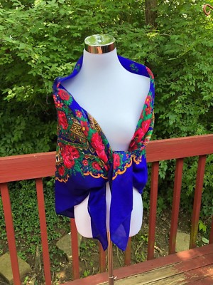 Russian Original Floral LARGE Blue/White/Green/Black Shawl Scarf no fringe 