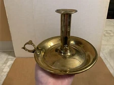 Early 19th Century Brass Chamberstick W Working Push Up Mechanism & Tab , Good