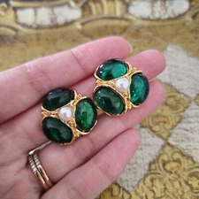 Christian Lacroix Made In Paris Gold GREEN Glass and Pearl Clip On Earrings