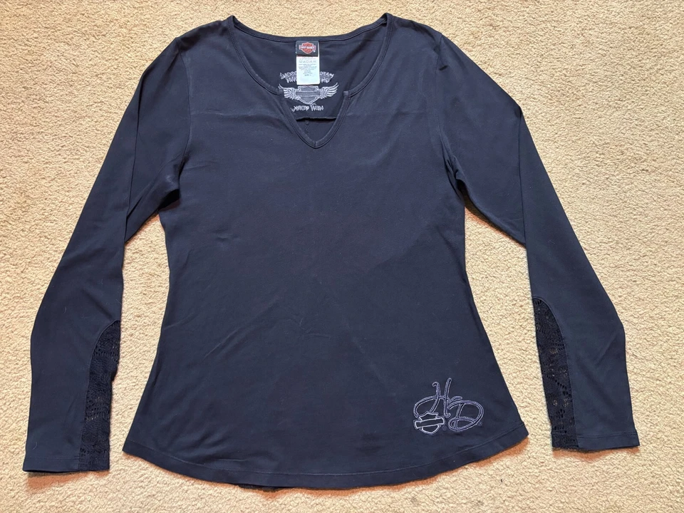 Camiseta negra vintage Y2K años 2000 Harley Davidson motocicleta encaje transparente motociclista L Foto 2 de 4