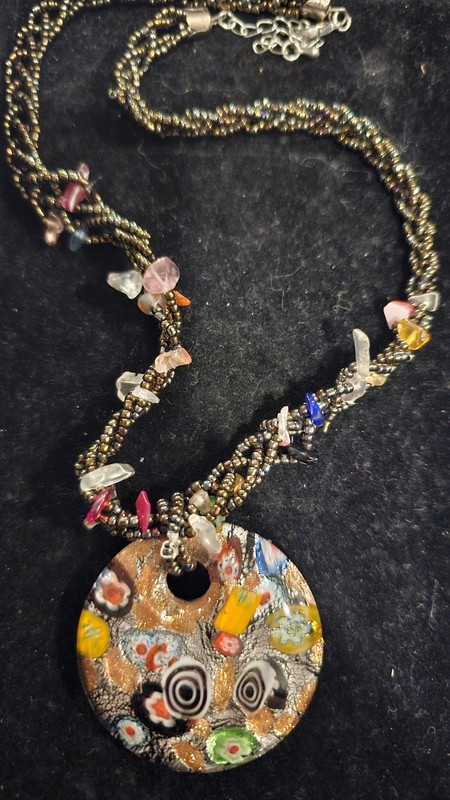 Vintage Murano Millefiori Glass Pendant Necklace Gold Foil Multi-Gemstone Beaded