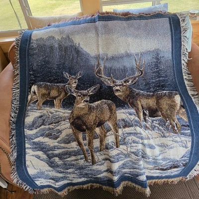 Vintage Millette Tapestry BUCK & DOE Fringed Throw Blanket Lodge Cabin 46" X 54 - Image 1 of 4