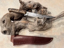 Custom Damascus Steel Fillet Fishing Knife & leather sheath Rams Horn handle