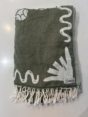 Sand Cloud Beach Towel  Green  With White Turtles Fringe 37x6 72 Organic Cotton