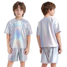 Boys T-shirt  Shorts Set Stage Hip-Hop Dance Round Neck Performance Sparkly
