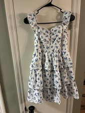 SHEIN Kids Girls White Blue Floral Embroidered Tulle Puff Sleeve Dress Size 10Y