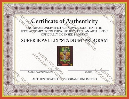 SUPER BOWL LIX 59 OFFICIAL "STADIUM" GAME PROGRAM HOLOGRAPHIC AUTHENTICITY CERT - Picture 2 of 3