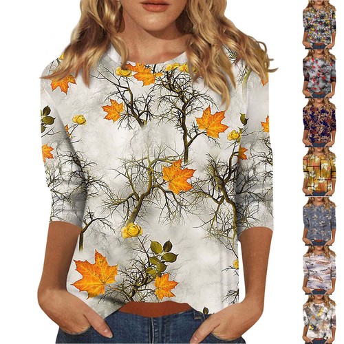 Women's Loose Casual Floral Print Round Neck Three-quarter Sleeves