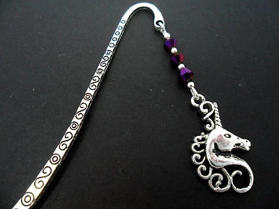 ROSIES JEWELLERY A TIBETAN SILVER UNICORN CHARM & PURPLE CRYSTAL BOOKMARK. NEW.