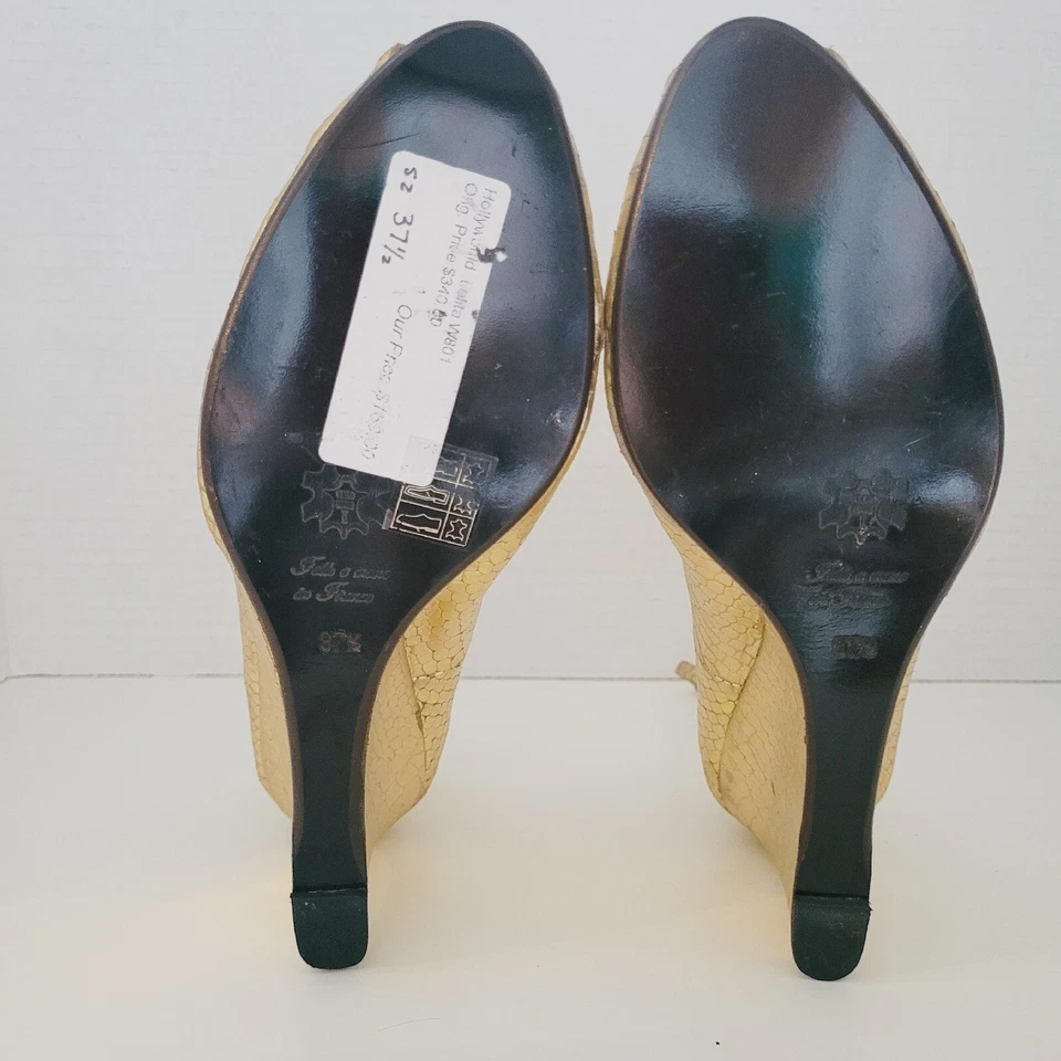 Zapatos de salón Hollywould Lolita dorados con cuña punta abierta cuero de reptil Italia mujeres 37,5 nuevos Foto 4 de 4