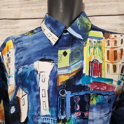 90s VTG CASA MODA Italy All Over Print city Rayon Shirt Aloha Camp size M (C1)