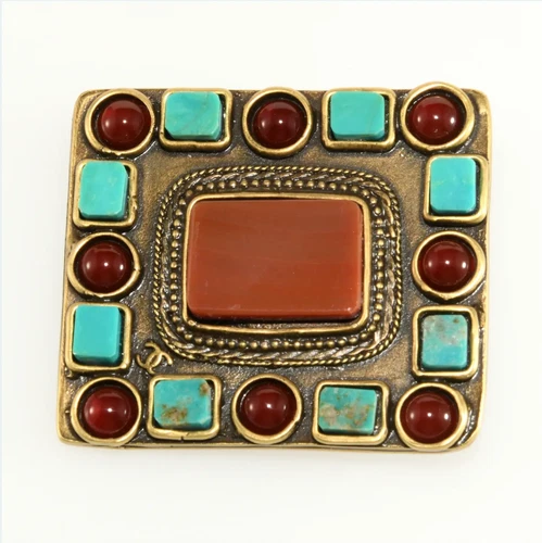 VTG CHANEL CC Brooch Etruscan Revival Turquoise Carnelian Glass Rectangle Pin