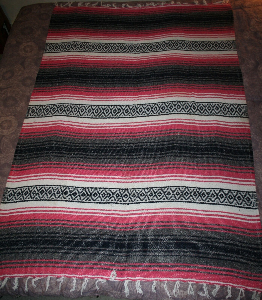 VTG Cotton Mexican Blanket Hand Woven 50x72 Pink Black White