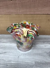 Zorza Confetti Art Glass Candle Holder Vase Ruffled Edge HAND BLOWN Poland 