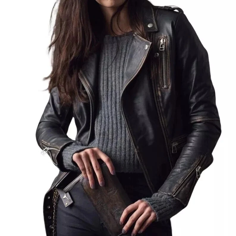 Women's Distressed Brown Biker Retro Aviator Slim Fit Real Leather Biker Jacket - Image 2 of 4