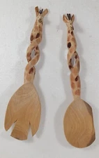 Carved Wooden GIRAFFE SALAD SERVER FORK AND SPOON Spiral 7" Handles 
