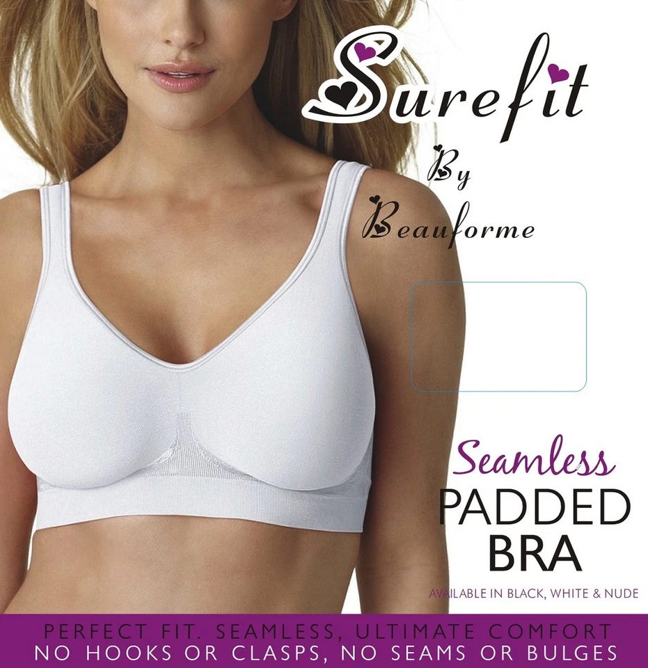 SUREFIT BY BEAUFORME 3X SEAMLESS COMFORT BRA LADIES SHAPEWEAR PULL ON STRETCH BRA, REMOVABLE PADS