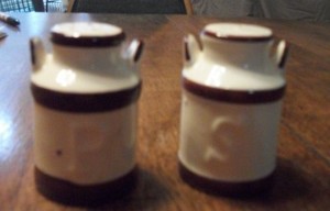Vintage Milk Can Salt & Pepper Shakers - White with Brown