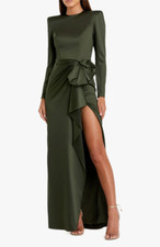 Mac Duggal Ieena Long Sleeve Structured Bow Draped Gown Olive Size 16