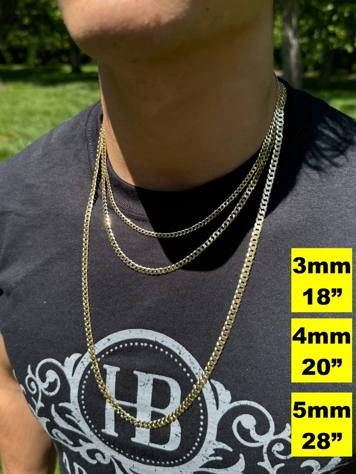 REAL Solid 925 Silver 14k Gold Plated Flat Cuban Link Chain Necklace 3mm-10.5mm - Image 3 of 4