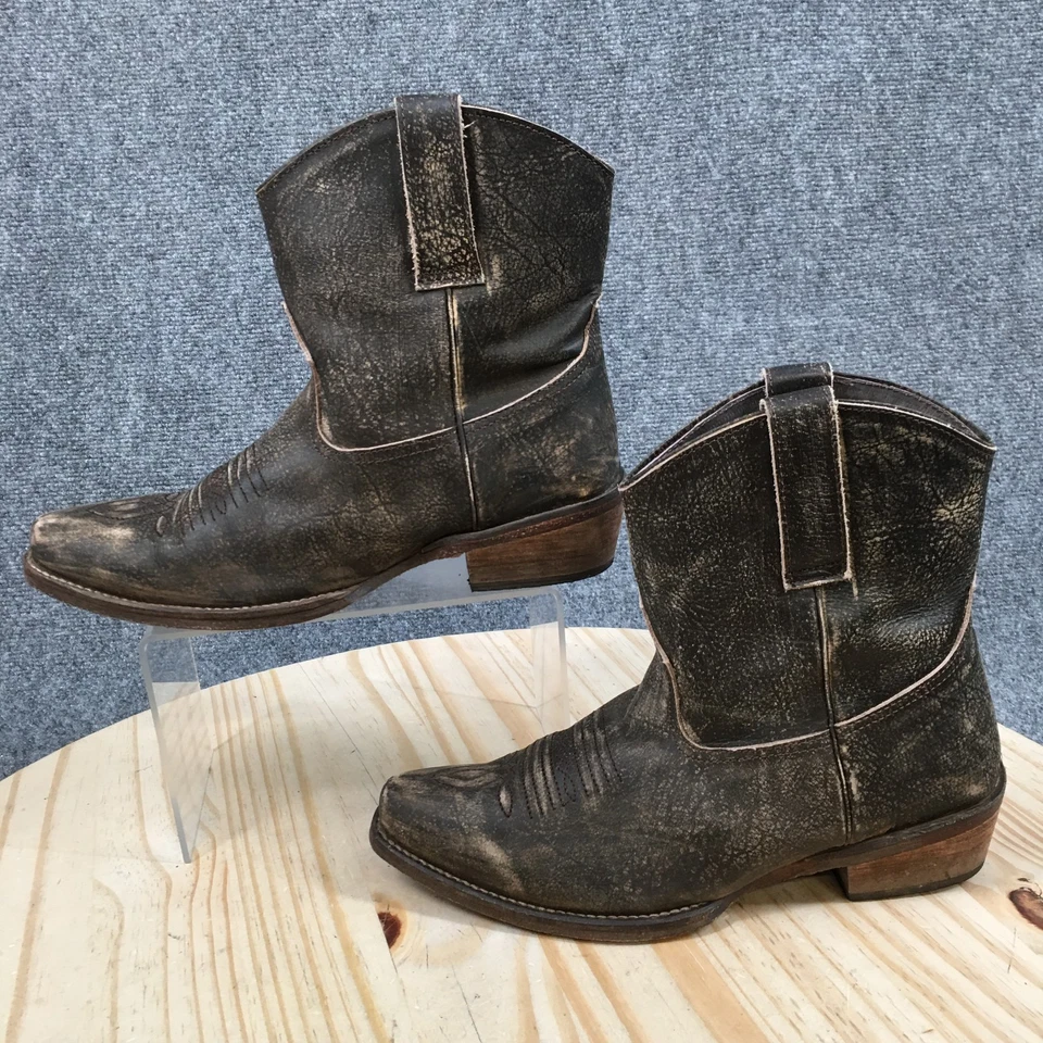 Botas Roper para mujer 7 Western de cuero marrón tirar de punta almendra bloque medio de la pantorrilla Foto 2 de 4