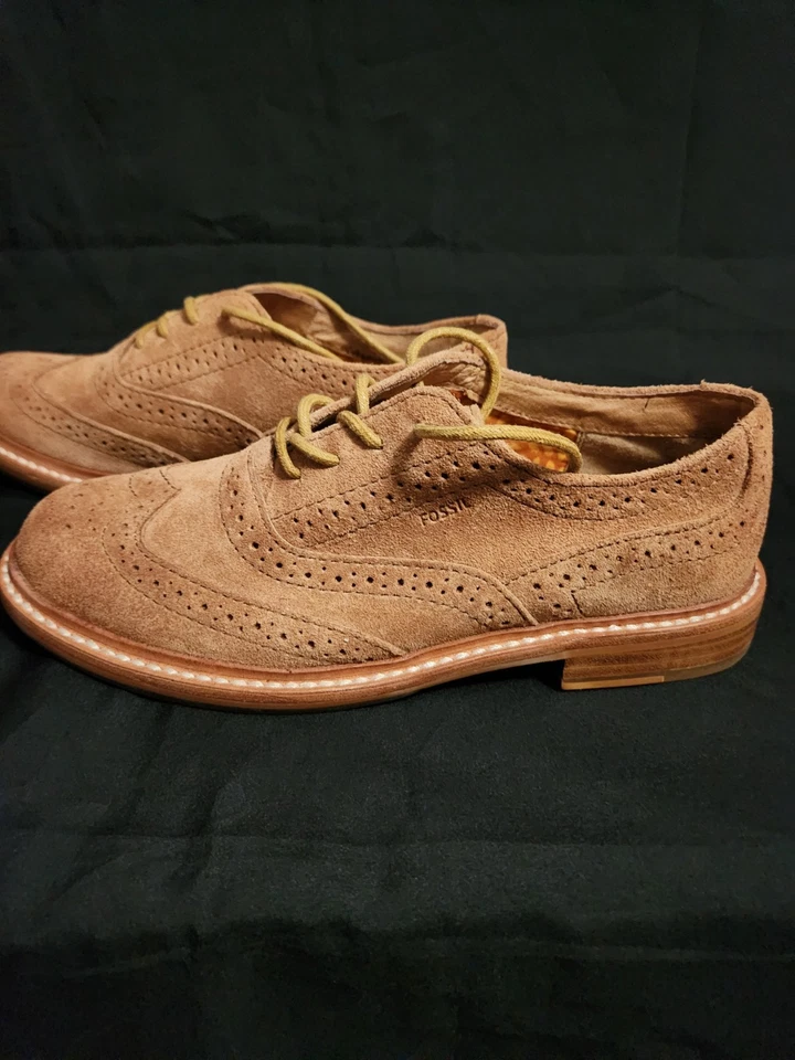 Womens Fossil Batey Boyfriend Wingtip Shoes Lt Brown Suede Size 7 Brogue Oxford - Image 4 of 4