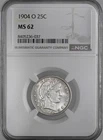 1904-O  25C  BARBER SILVER QUARTER  "NEW ORLEANS"  NGC MS62  #8405236-037