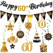 Black & Gold 60th Birthday Decoration Kit - Happy 60th Birthday Decorations f...